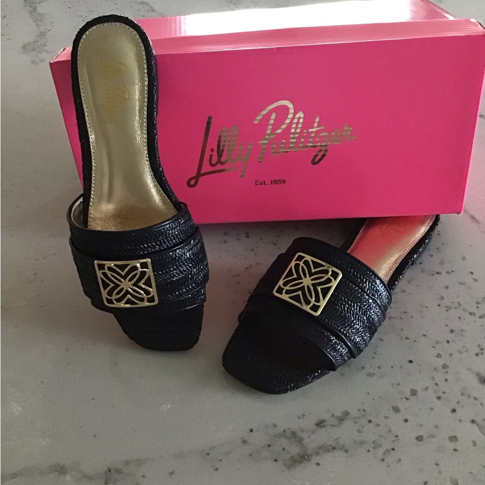 Lilly Pulitzer Dayna Black Mules with Metallic Embellishments